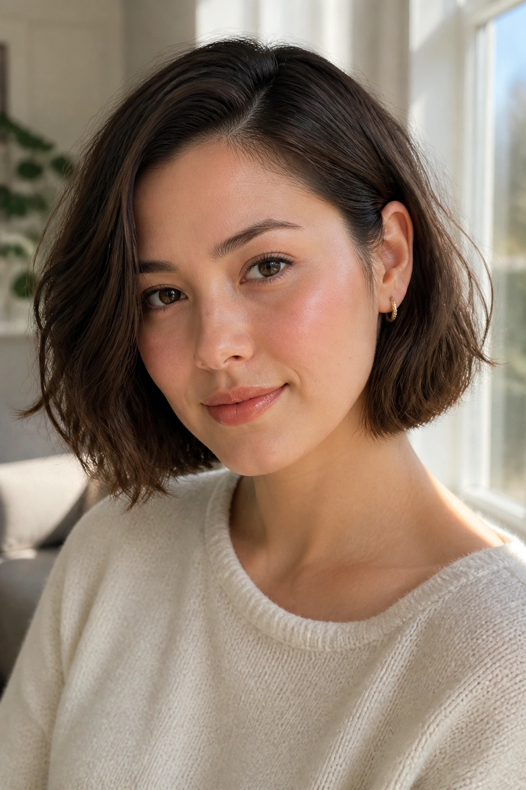 Close-up of a real woman with a tucked-behind-ear bob
