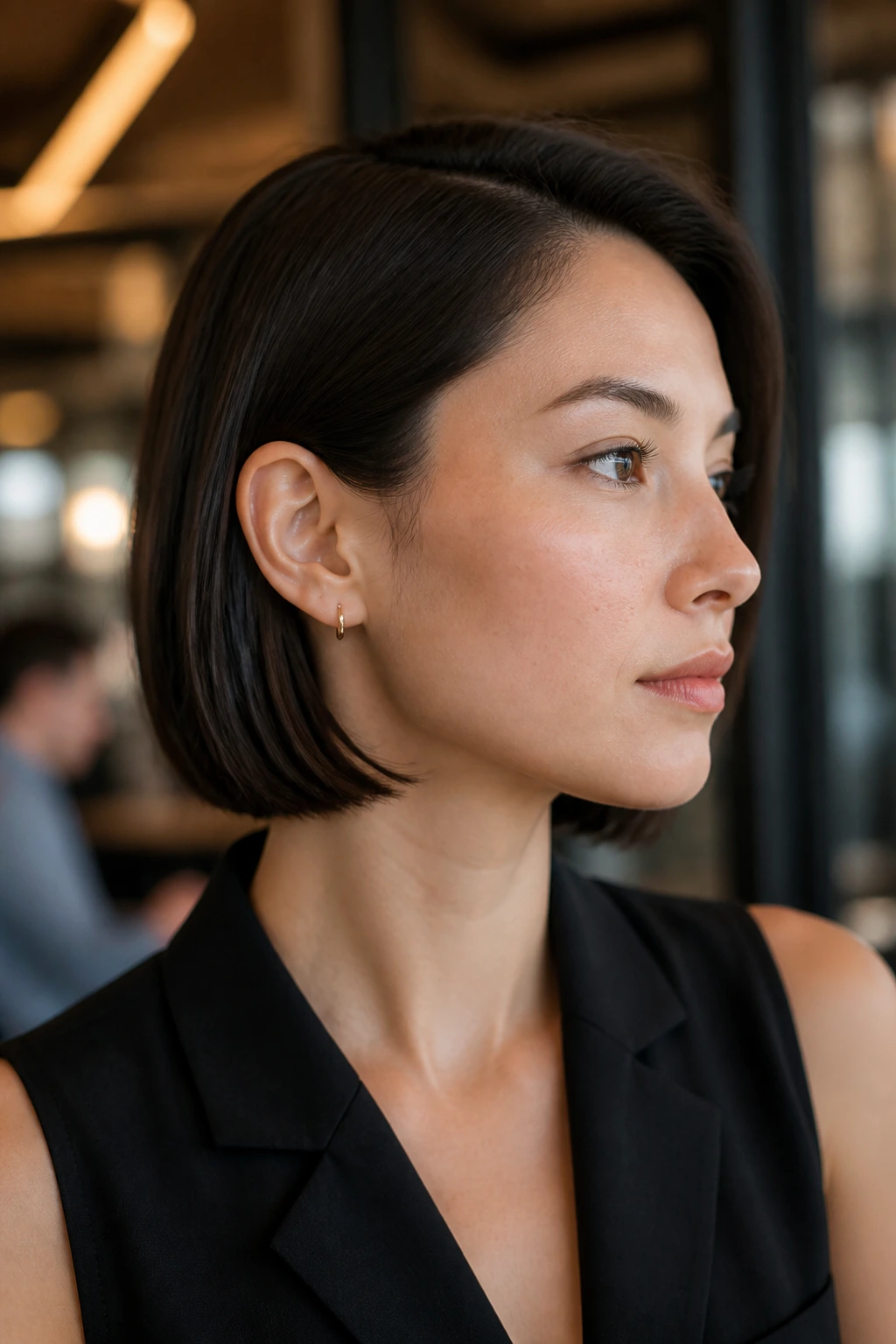 Tucked-behind-the-ear bob on a real person, side profile with ear tucked behind hair.