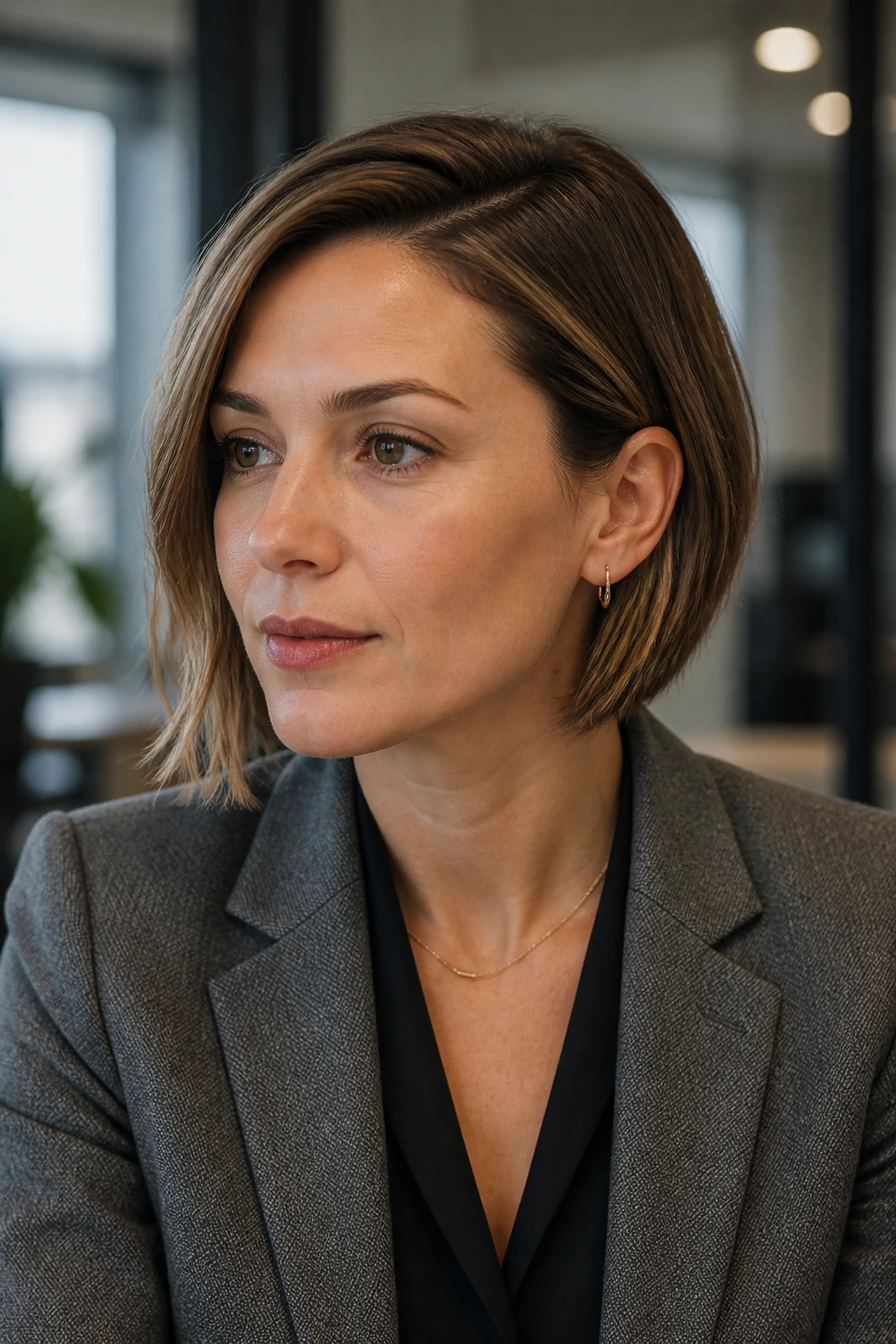 Close-up portrait of a real woman with hair tucked behind the ear on one side