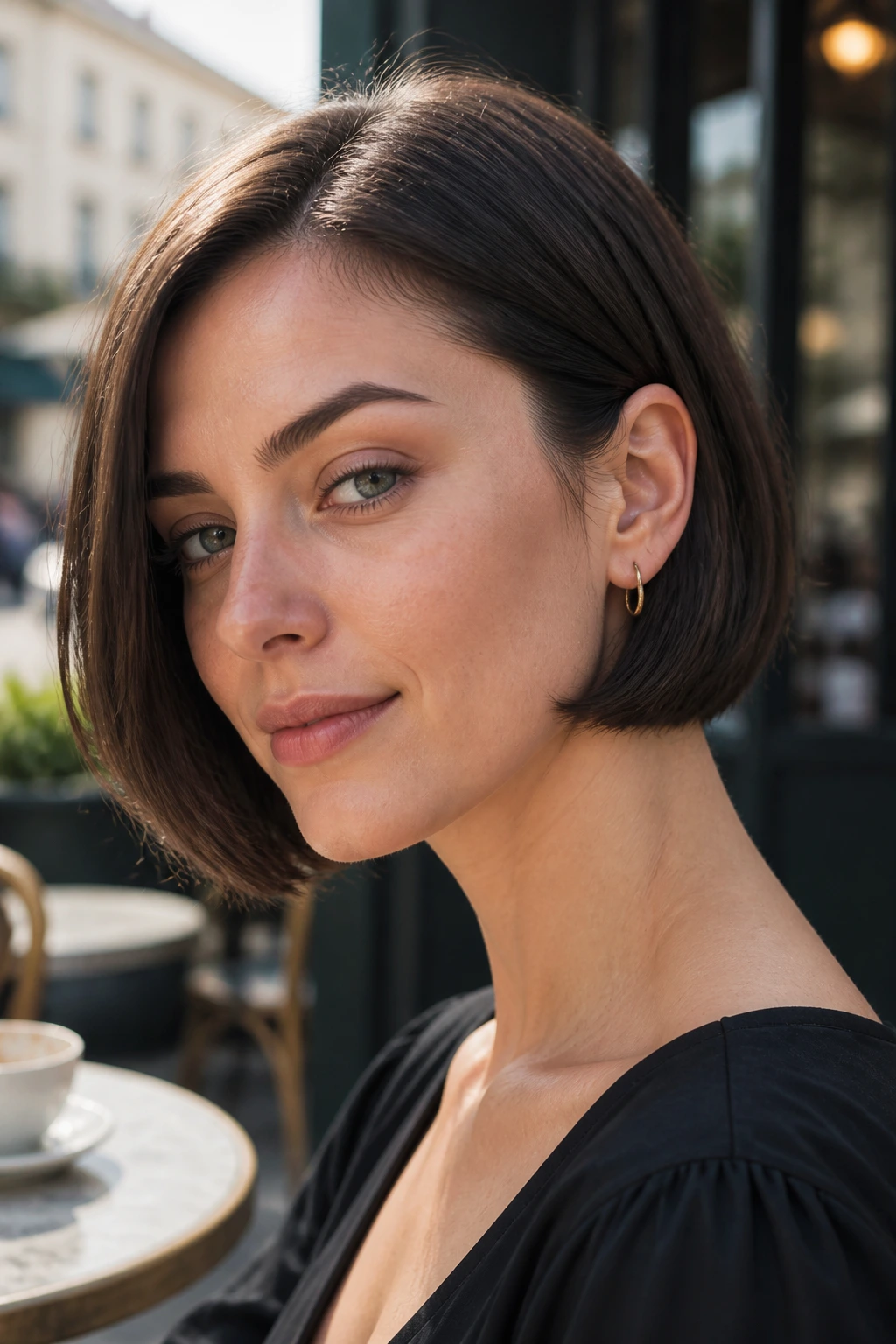 Brunette with tucked-behind-the-ear bob close-up portrait.