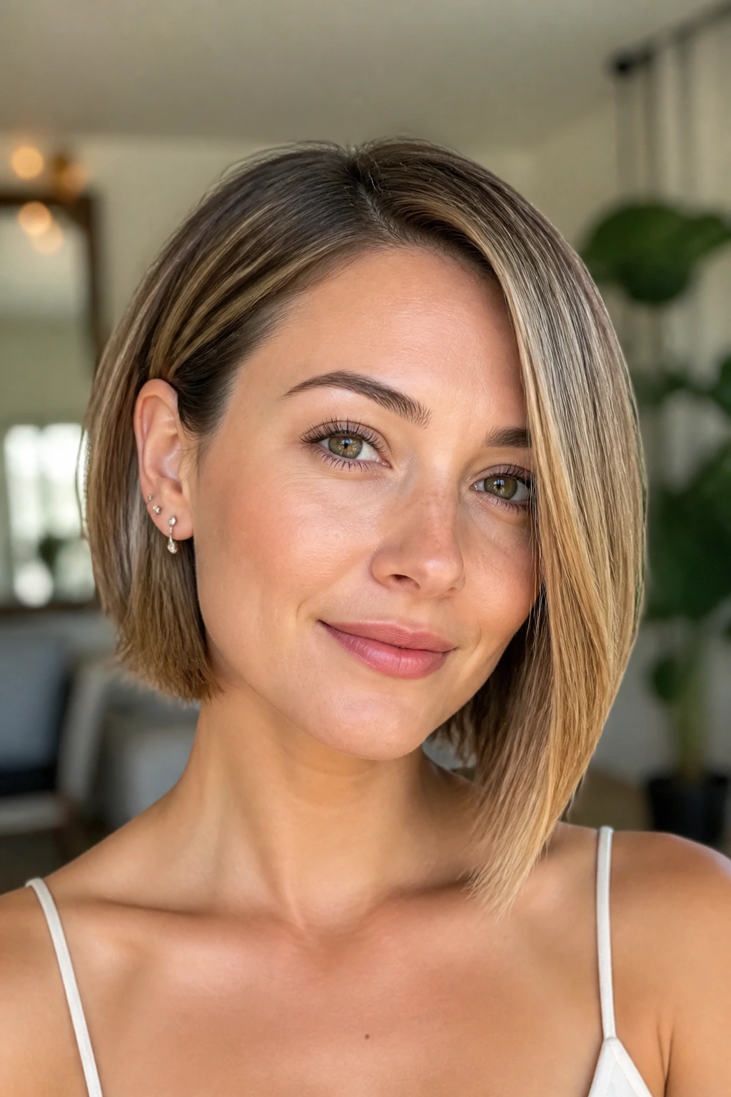 Real woman with tucked-behind-the-ear bob showing subtle asymmetry.