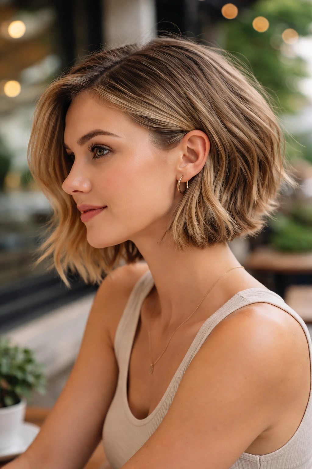Profile portrait showing tucked-behind-ear inverted bob