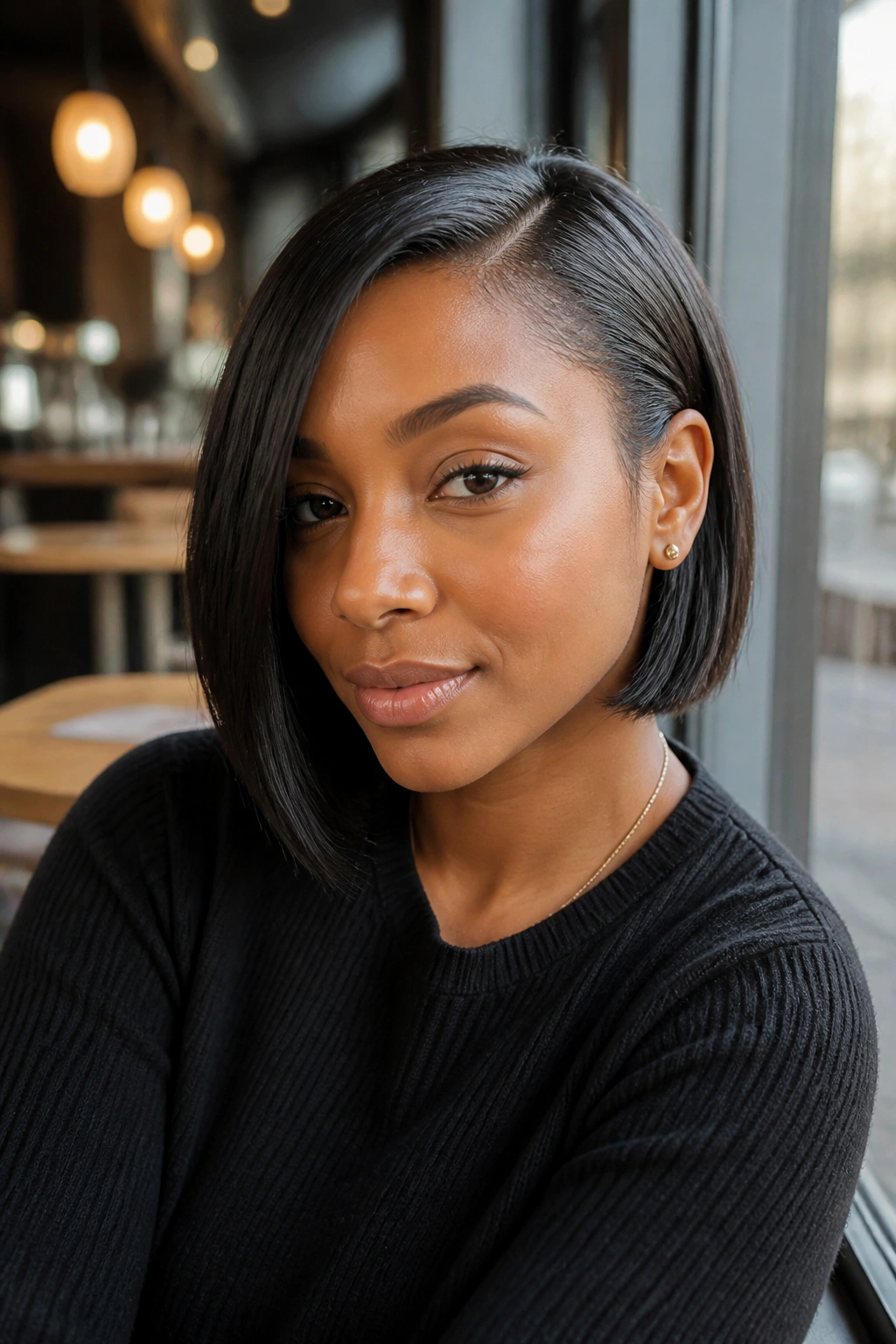 Portrait of a real woman with a tucked-behind-ear bob showing asymmetrical profile.