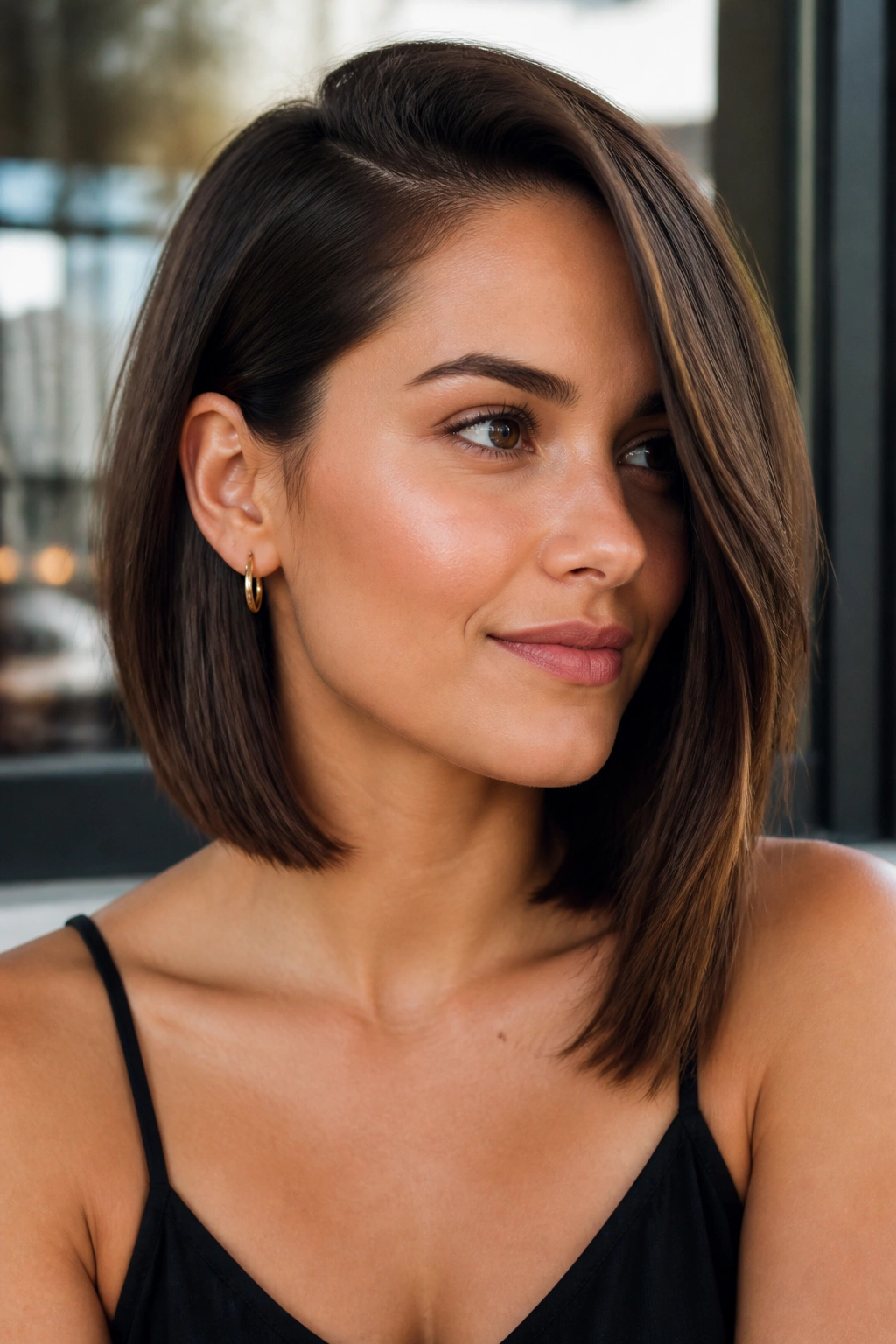 Tucked-behind-the-ear brunette bob close-up