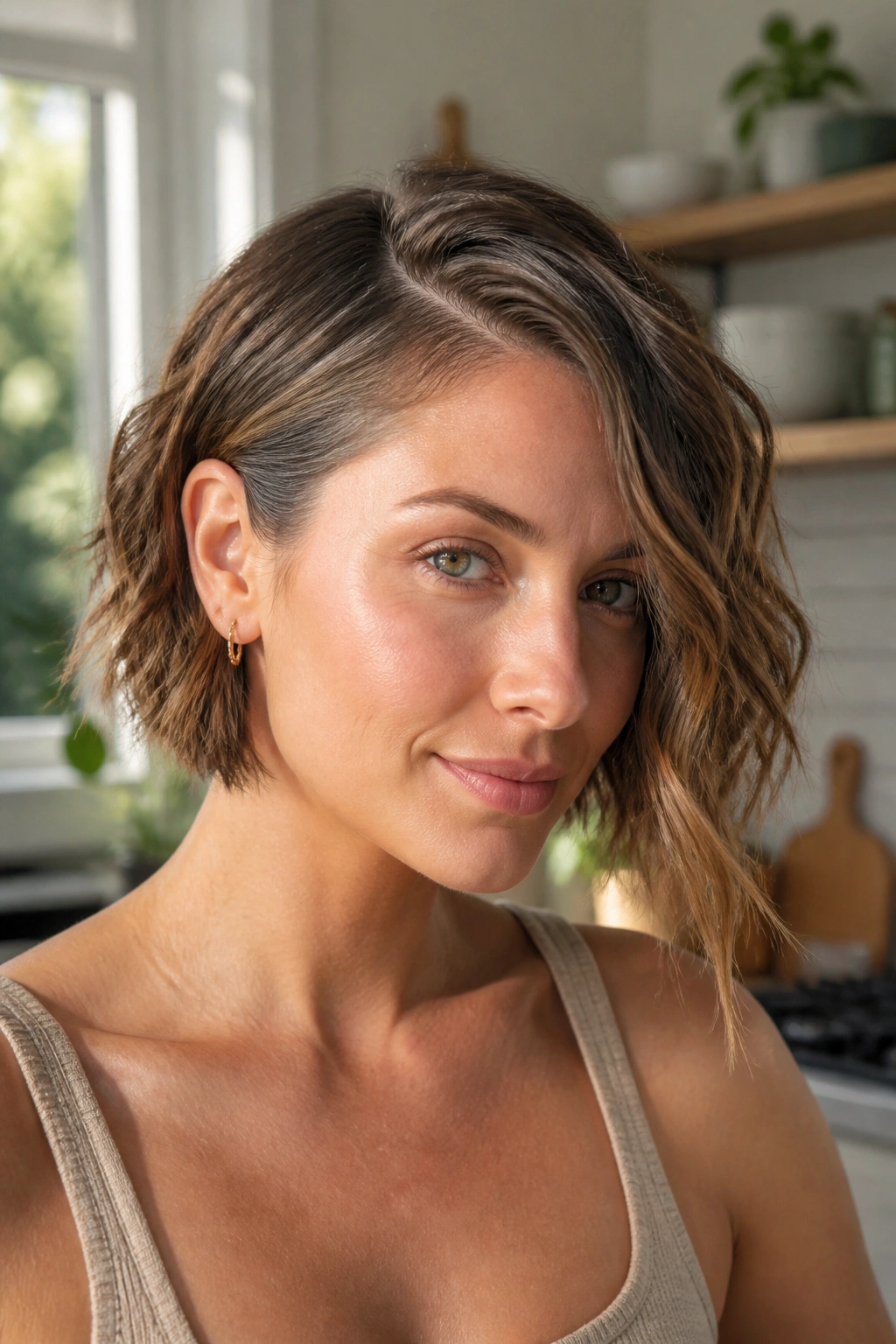 Close-up of real person with tucked-behind-ear bob and counterbalance length on waves