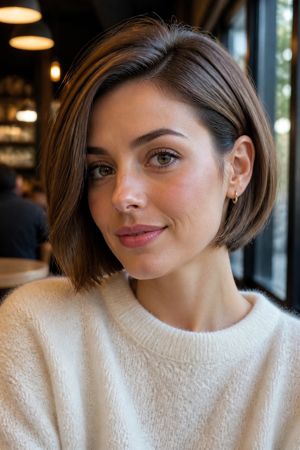 Close-up of a real person with a tucked-behind-ear bob in a cafe setting