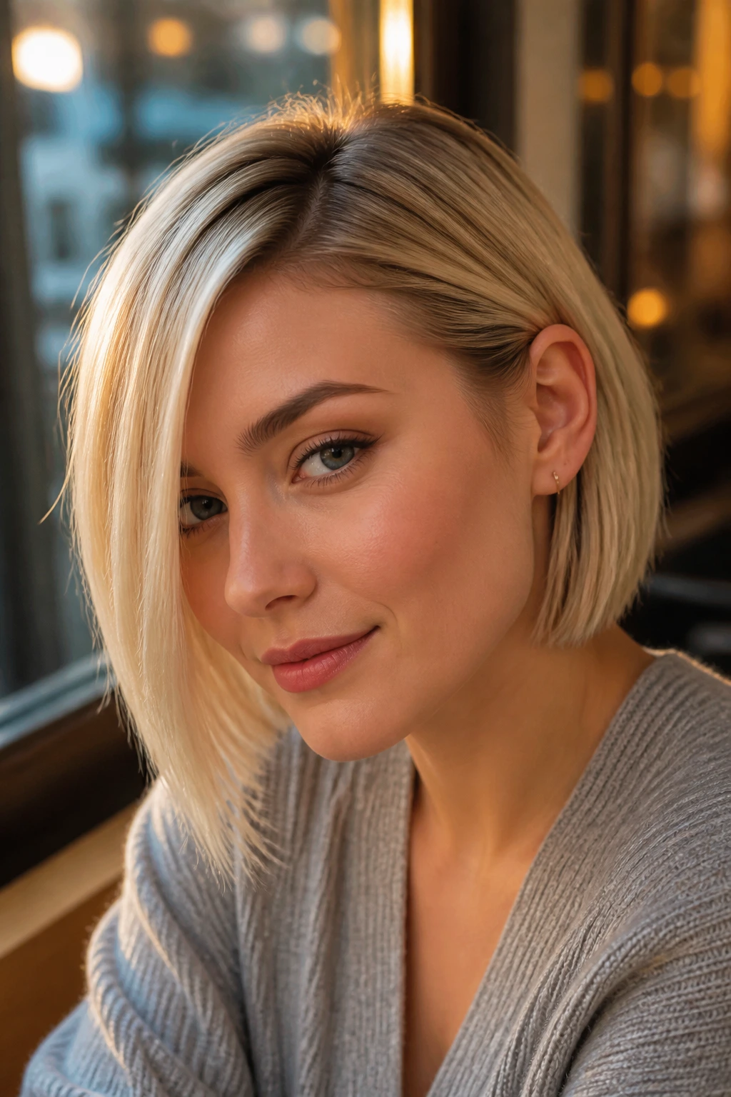 Portrait of a woman with tucked-behind-the-ear bob and long fringe