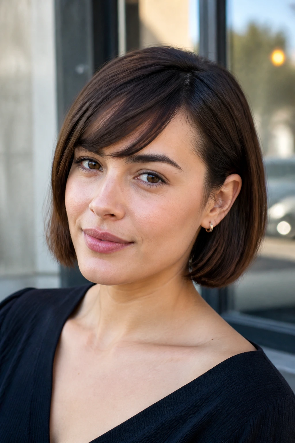 Close-up of woman with tucked-behind-the-ear bob and side fringe.