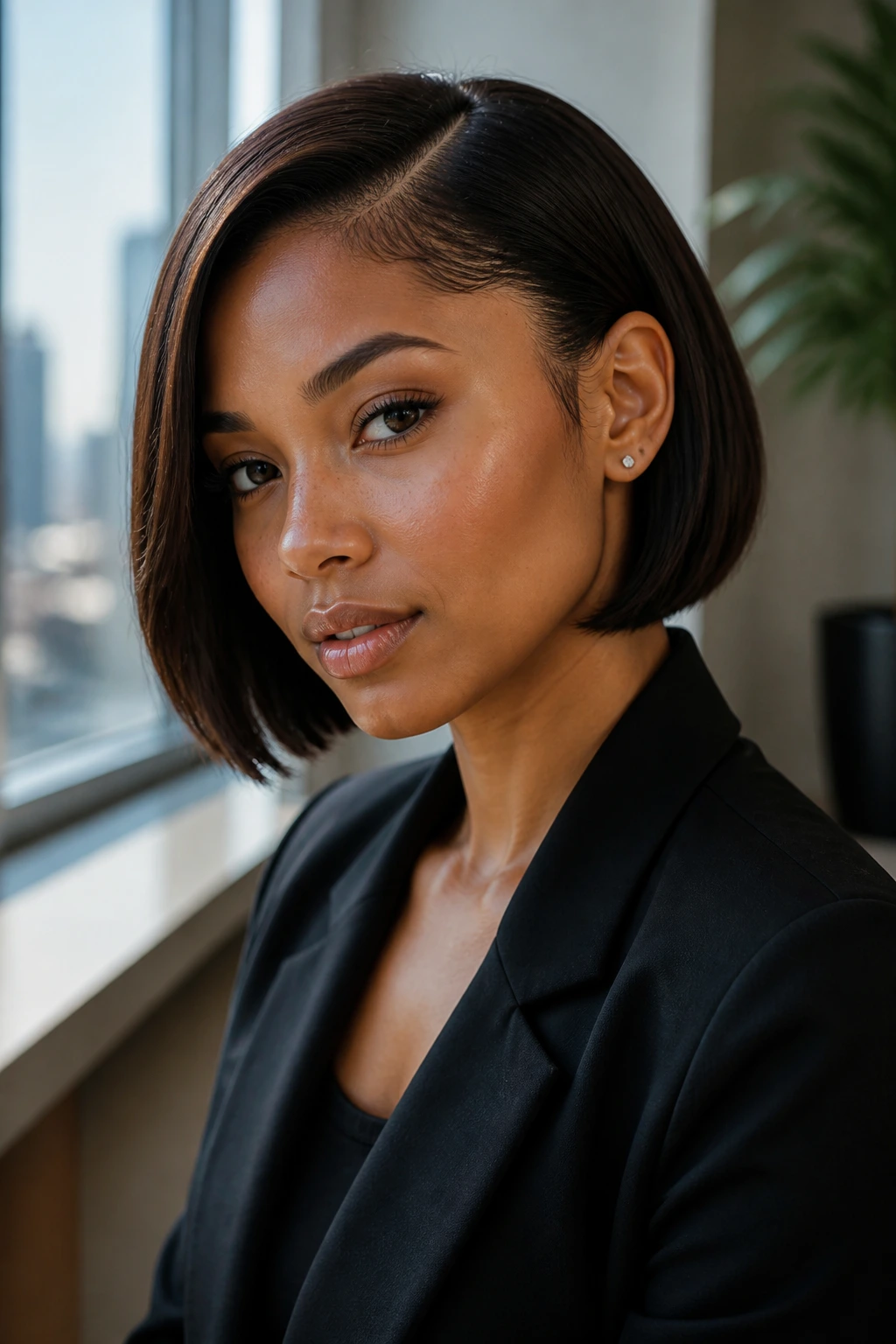 Close-up of a real woman with a tucked-behind-ear bob and clean side part, ear visible.