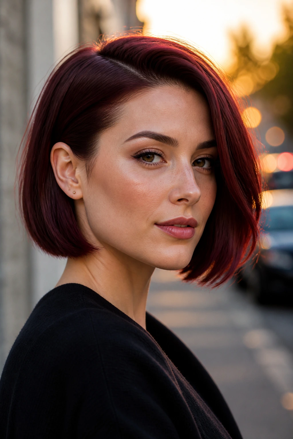 Portrait of a woman with tucked-behind-ear burgundy bob showing jawline