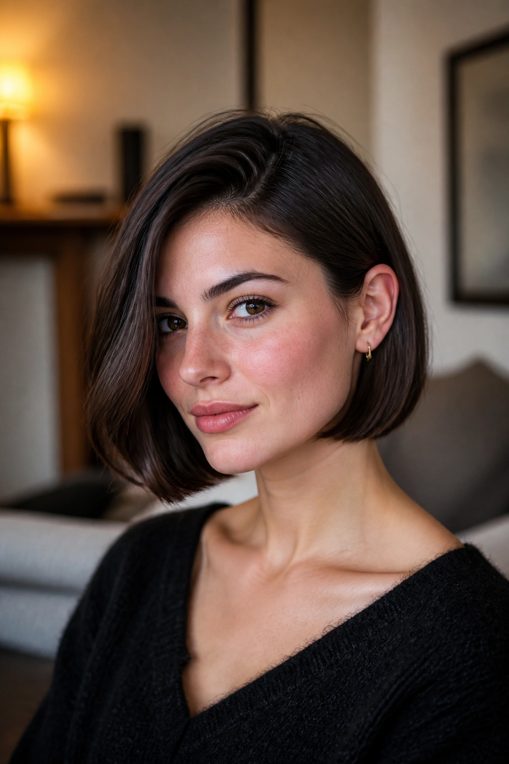 Real woman with hair tucked behind the ear in a French bob