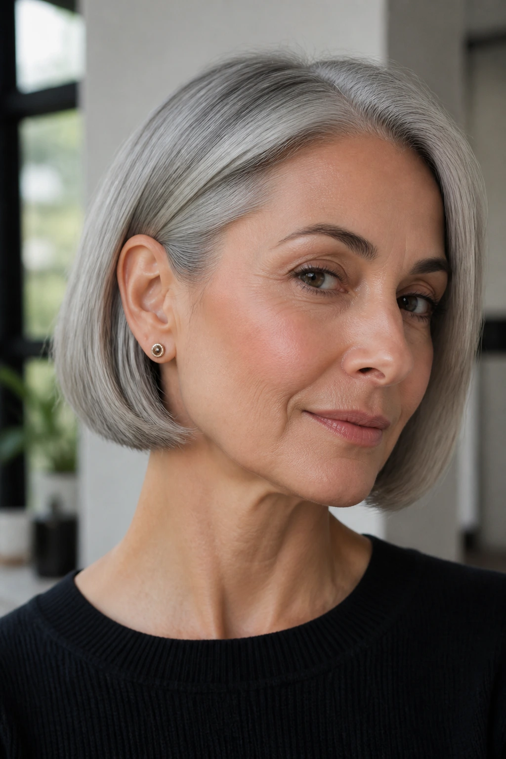 Close-up portrait of a real woman with a sleek tucked-behind-ear grey bob