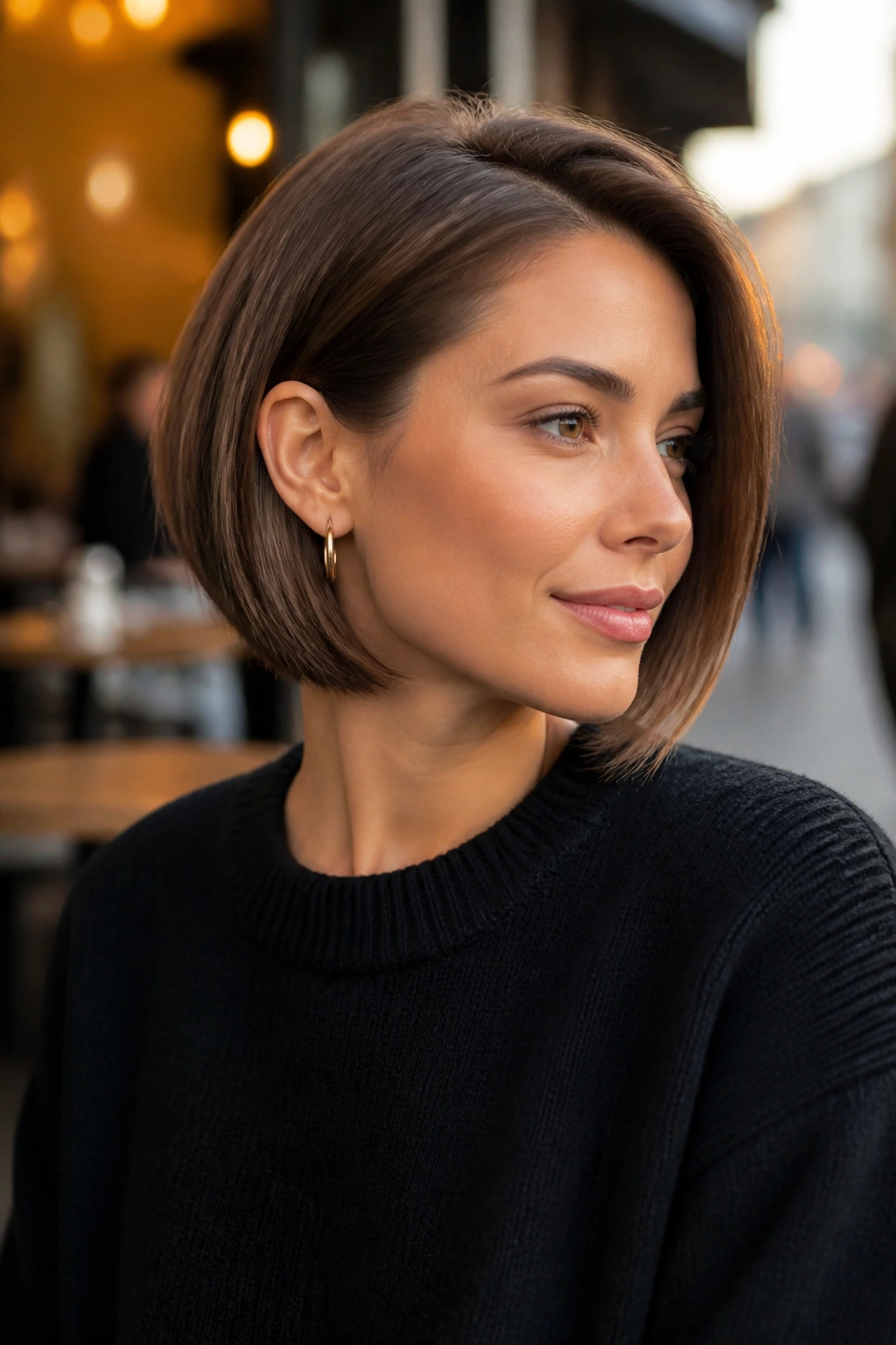 Close-up of a real woman with hair tucked behind the ear of an inverted bob