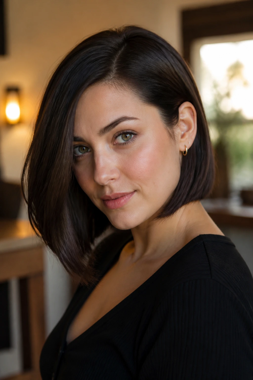Close-up portrait of a woman with a tucked-behind-ear long inverted bob and natural window light