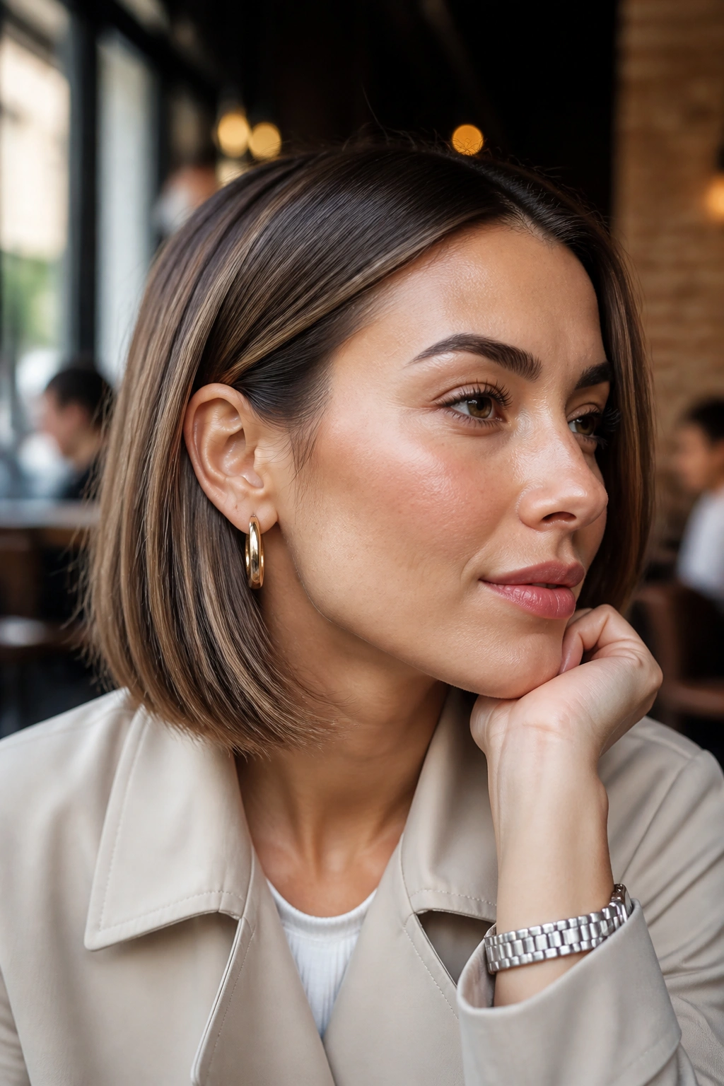 Close-up of real woman with hair tucked behind ear on a straight lob in a cafe window setting