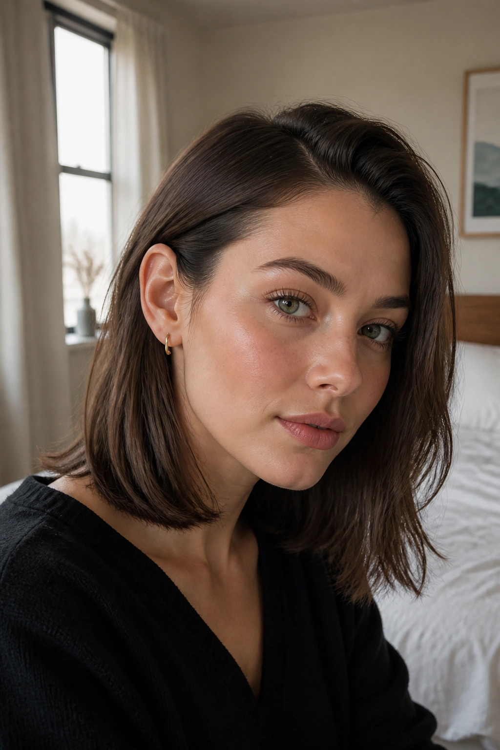 Close-up of a real woman with a tucked-behind-ear lob framing the jawline.