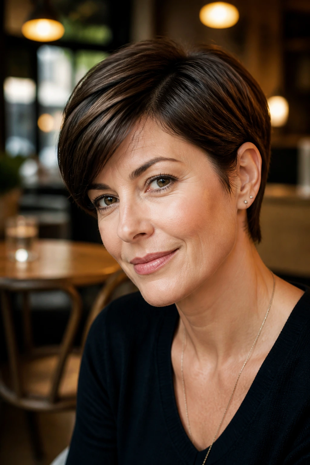 Close-up portrait of a real woman with Tucked-Behind-the-Ear Pixie on brunette hair showing ear tuck