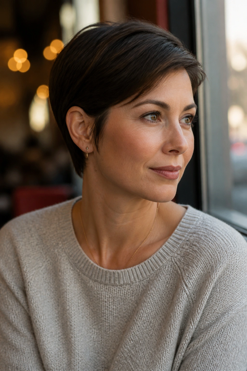 Portrait of a real woman with a pixie cut tucked behind the ear.