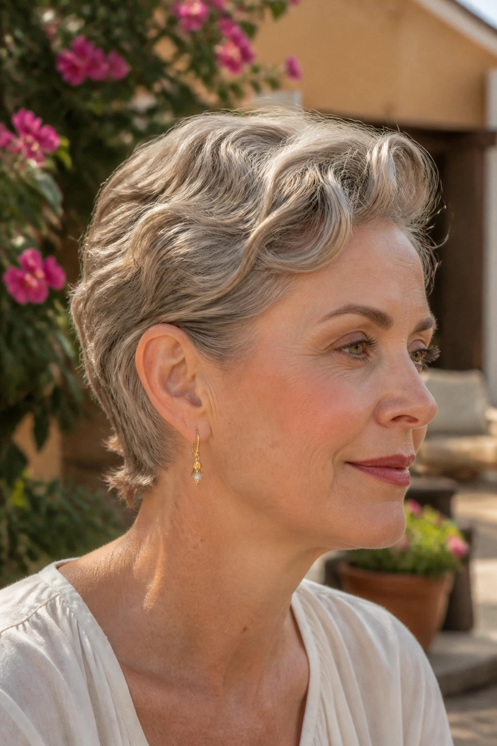 Close-up profile of a real woman with a tucked-behind-ear wave pixie