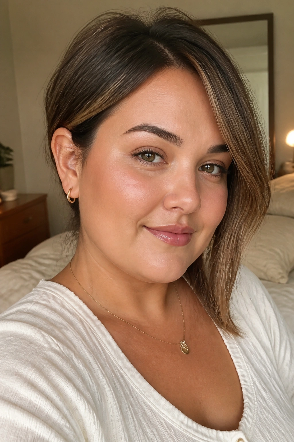 Close-up portrait of a real woman with a fringe tucked behind the ear and the other side sweeping softly