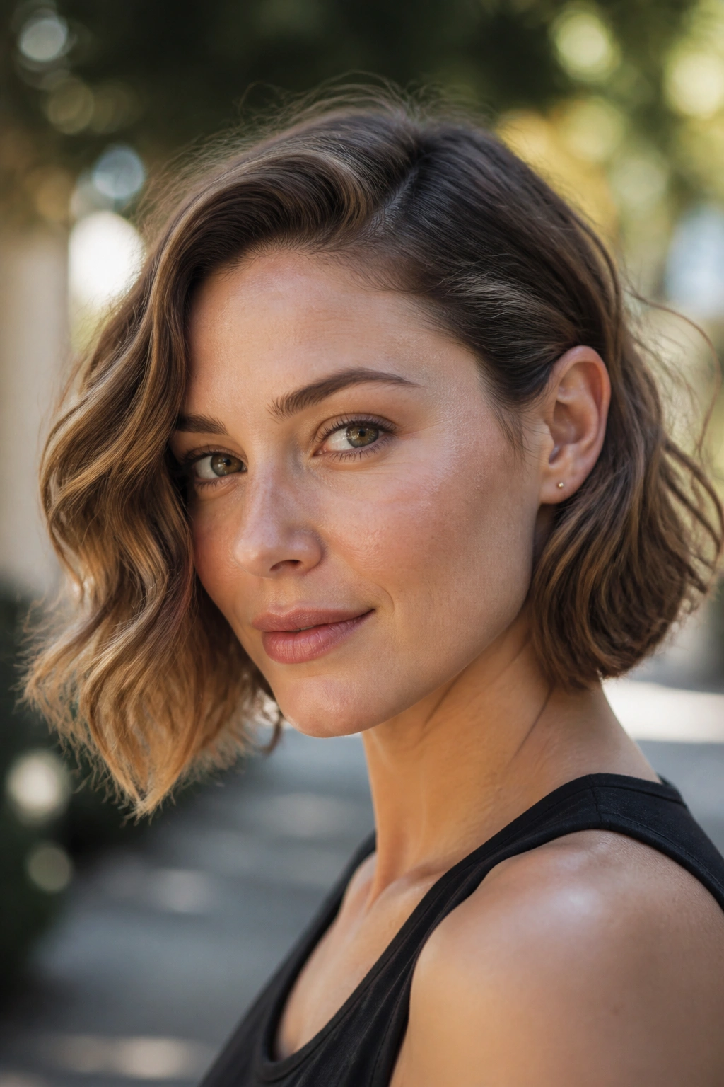 Close-up of a real woman with tucked-behind-ear wavy bob in outdoor light