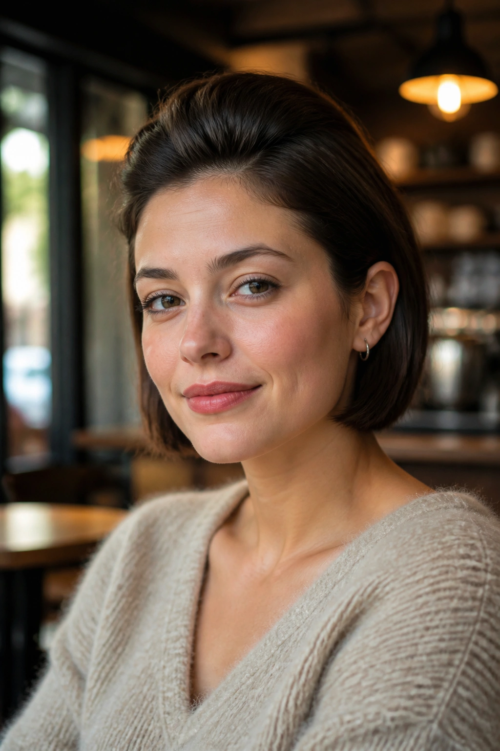 Close-up of a person with a tucked-behind-ears bob and crown volume in a cozy cafe