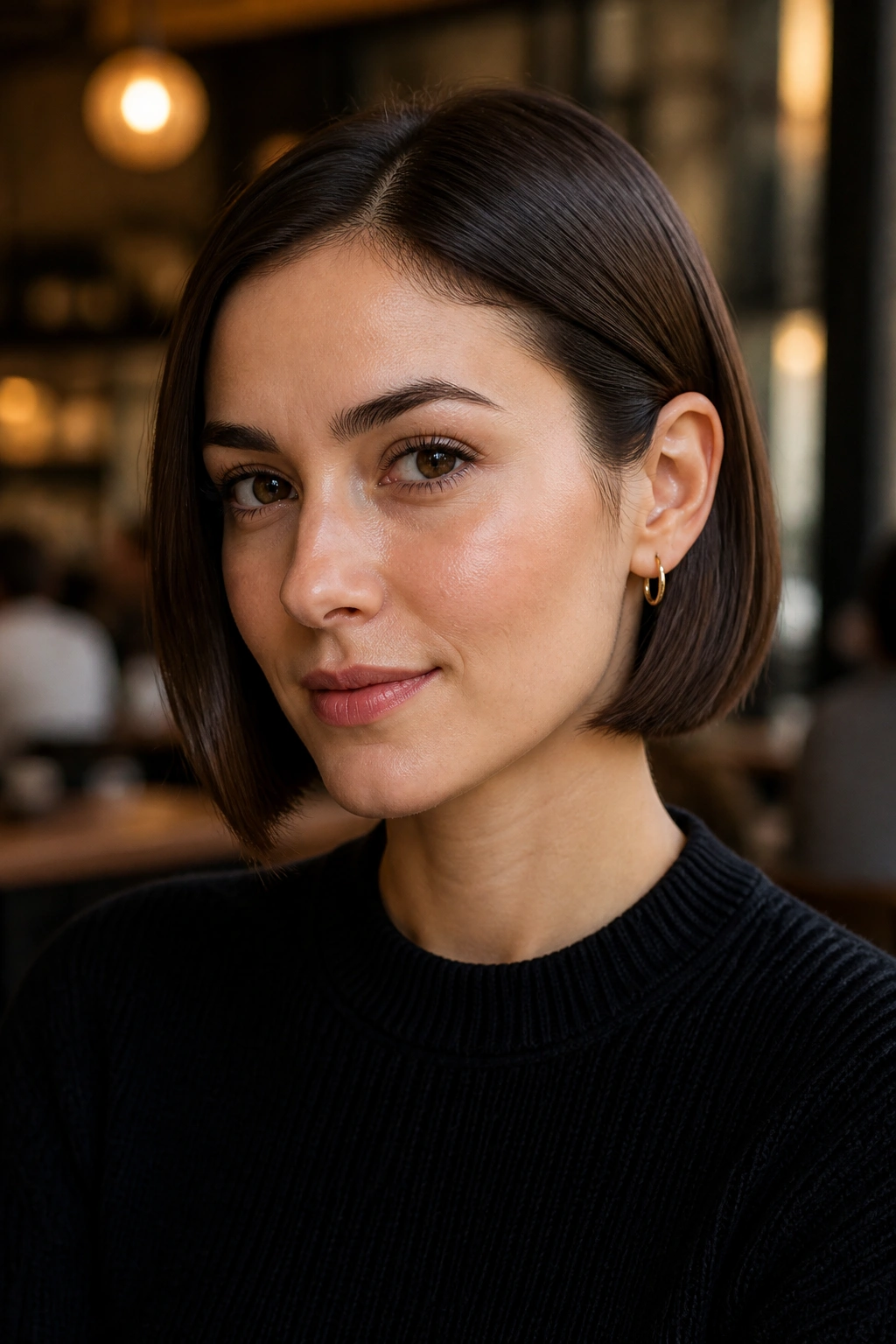 Close-up of a real woman with a tucked-behind-ears bob and sharp outline in warm indoor light