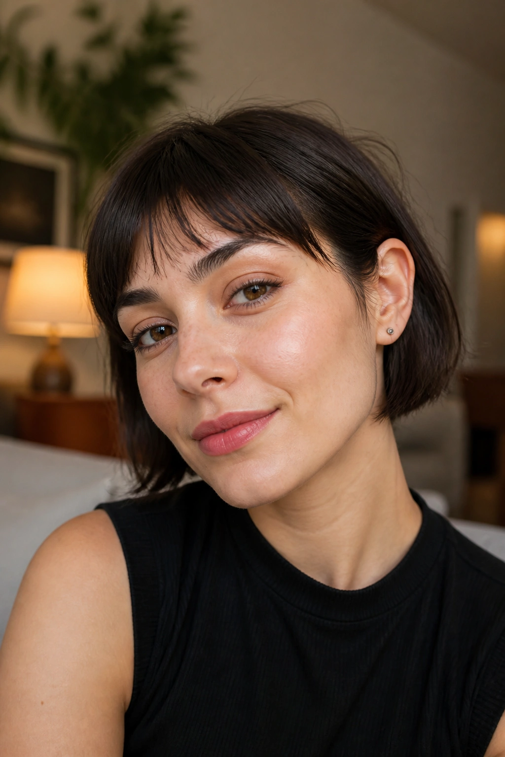 Real person wearing a tucked-behind-ears bob with a choppy fringe
