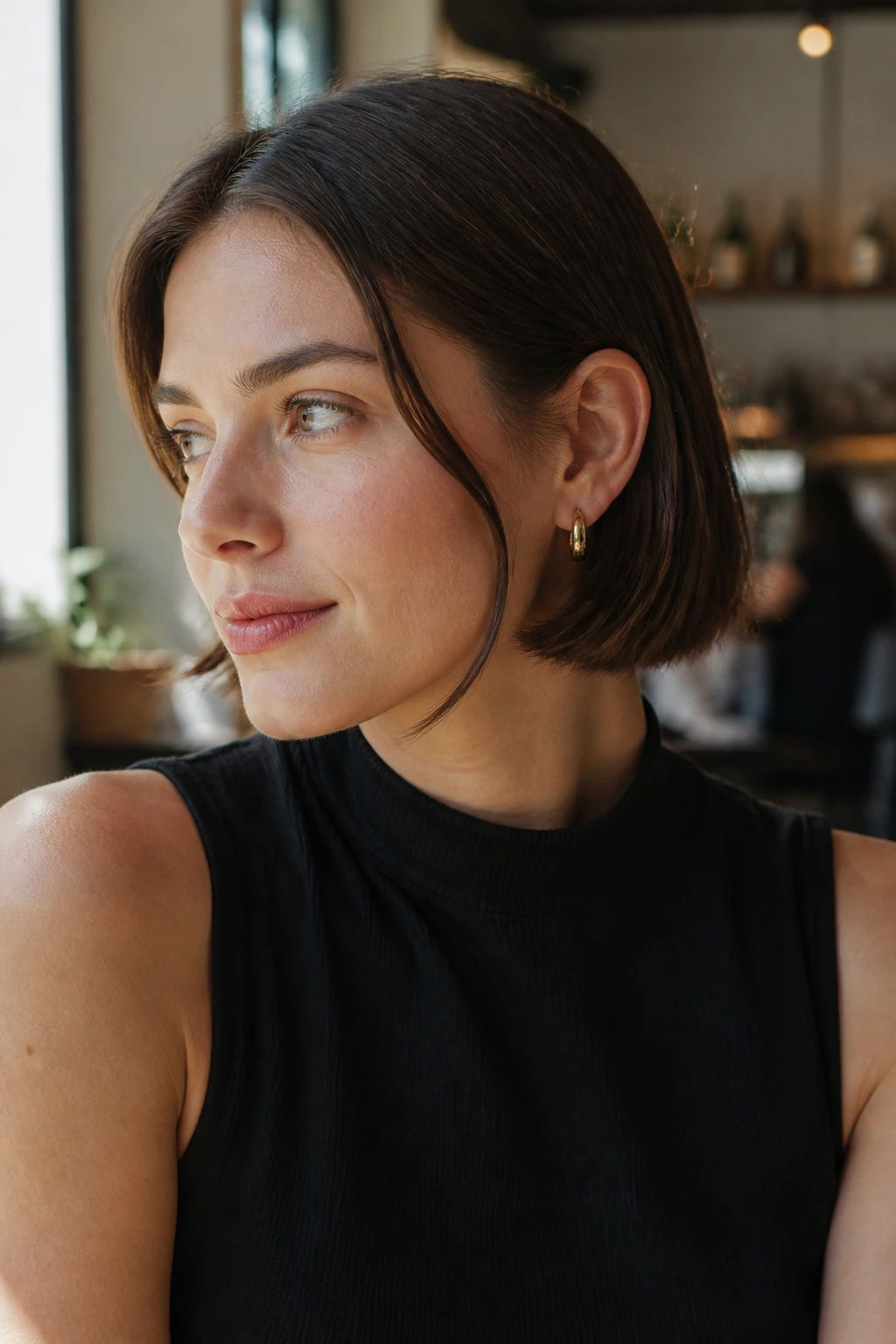 Close-up of a real person with a blunt bob tucked behind the ears
