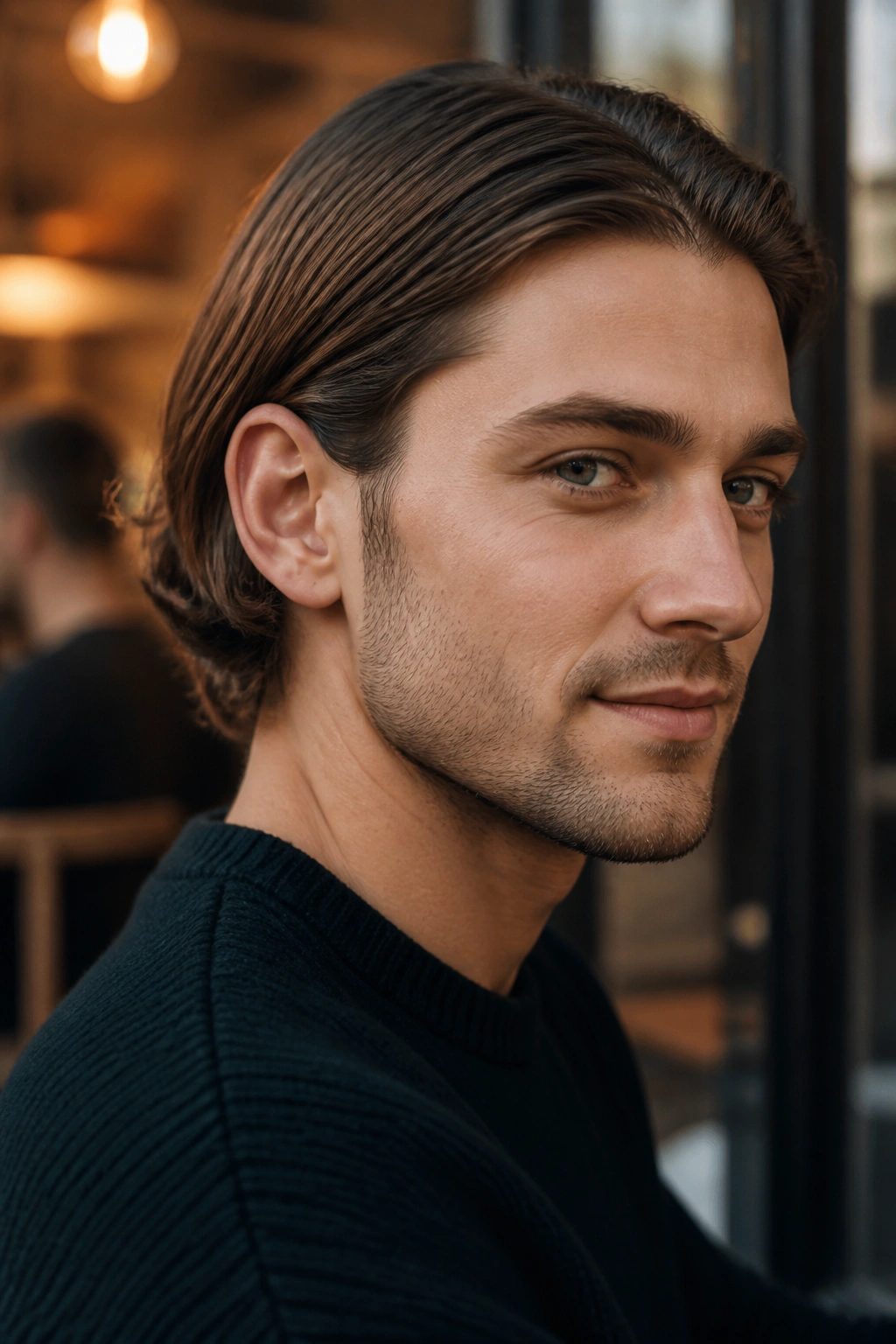 Man with tucked-behind-ears bob behind a single ear in a cafe setting