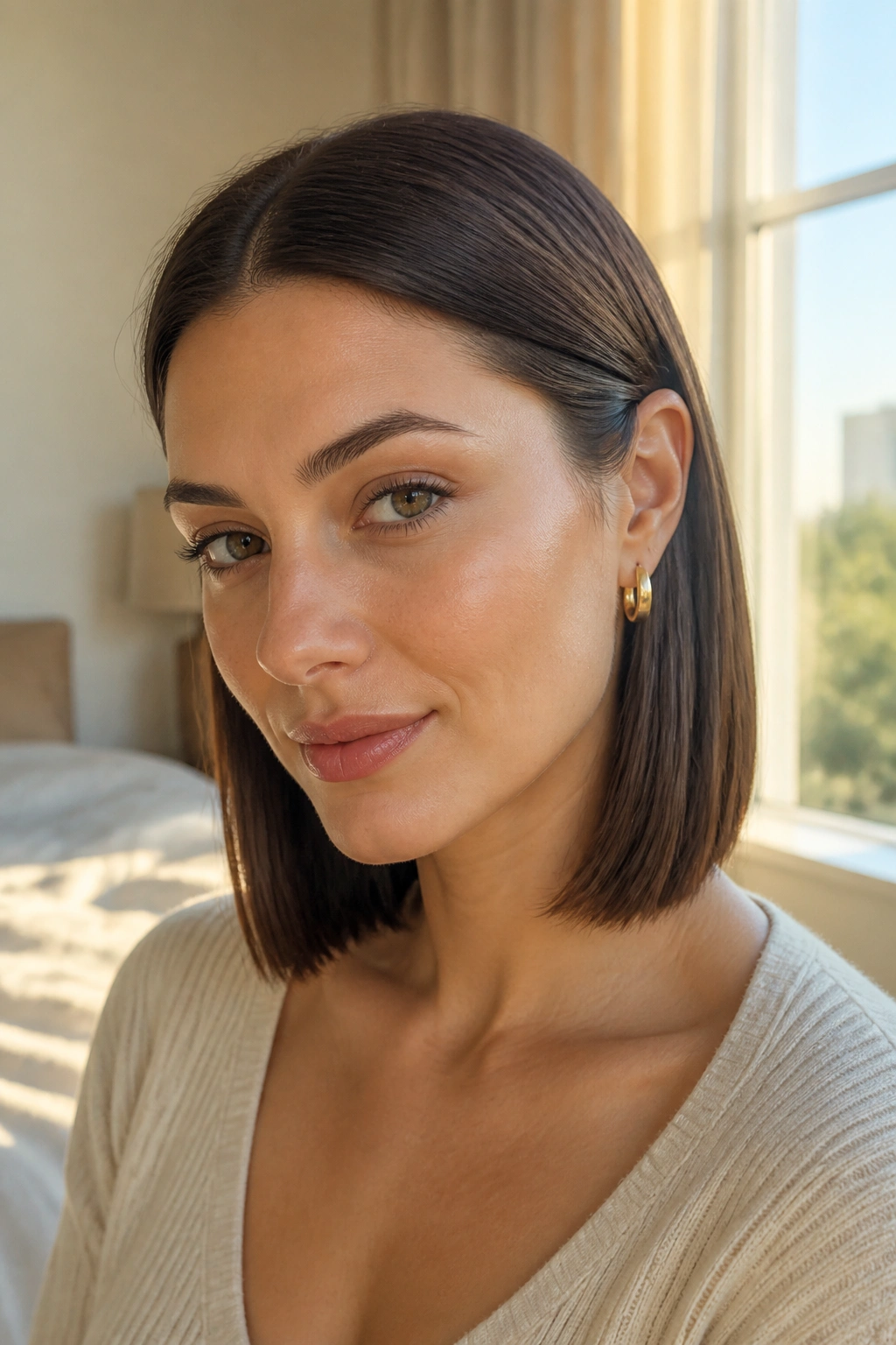 Close-up of a real woman with tucked-behind-ears lob in warm window light