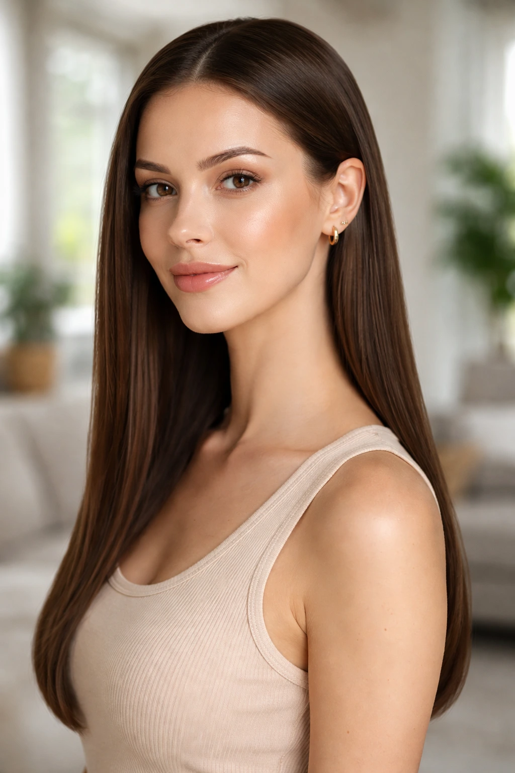 Close-up portrait of a real woman with hair tucked behind ears.