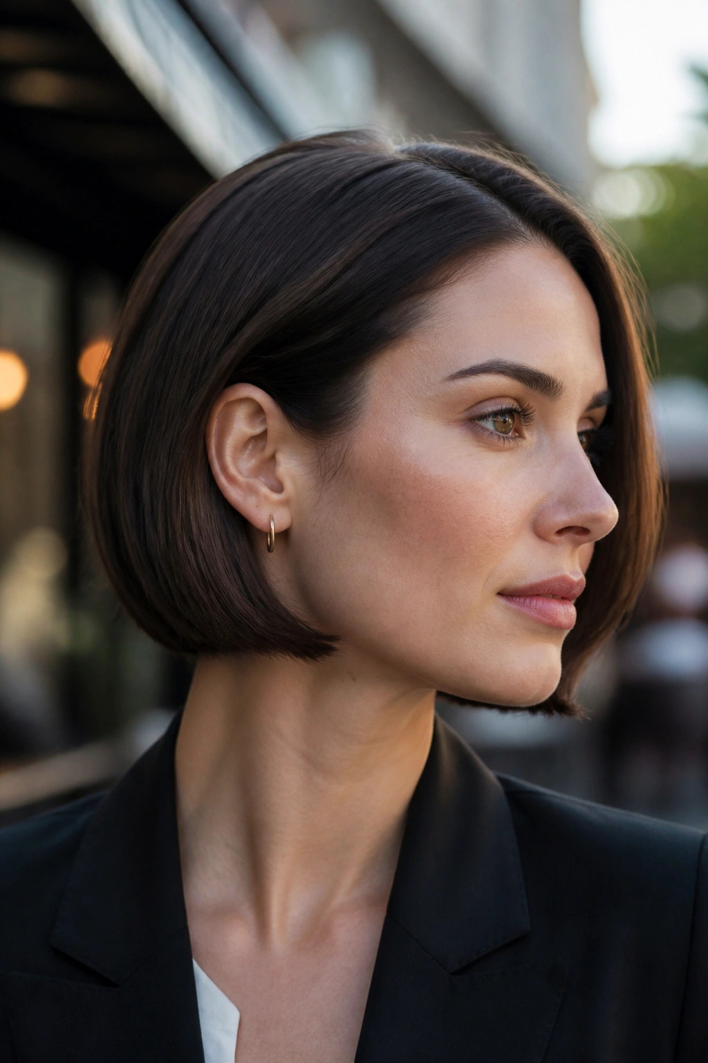Profile of woman with tucked-behind-the-ear French bob