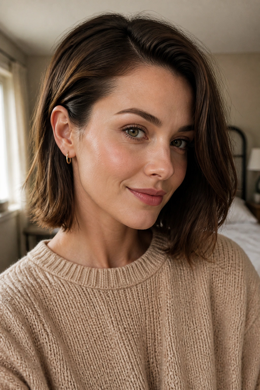 Close-up of a real woman's face with a tucked-behind-the-ear lob hairstyle