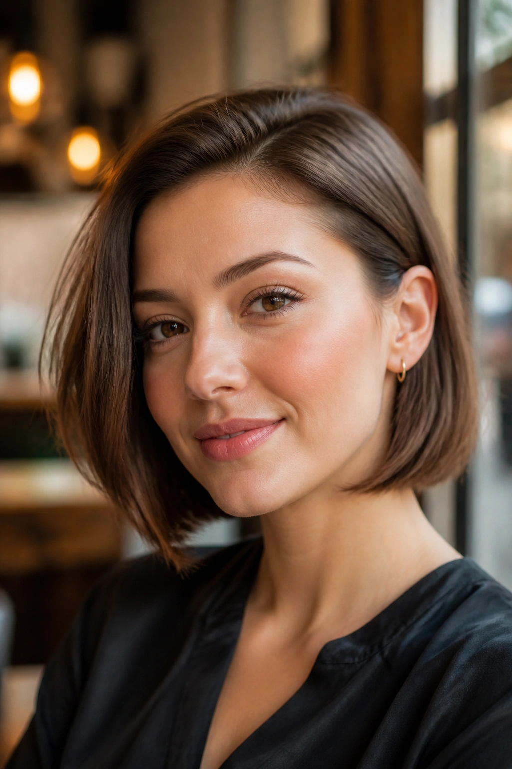 Close-up of a real woman with a tucked bob, showing one side behind the ear.