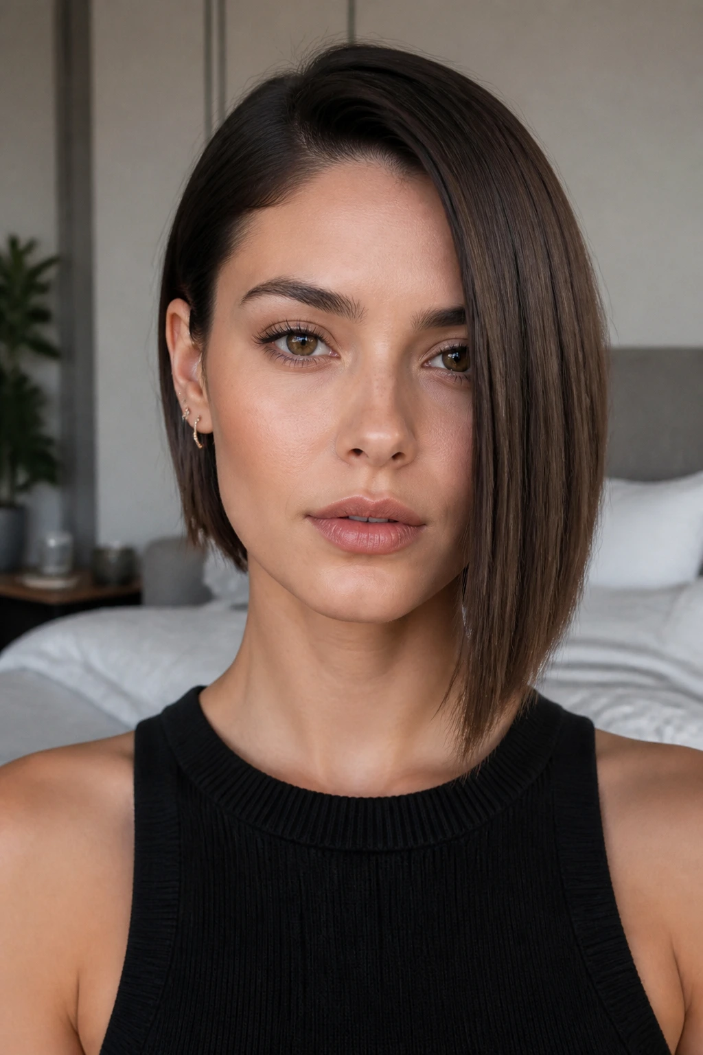 Close-up of a real person with a one-side tucked bob and a long sleek side