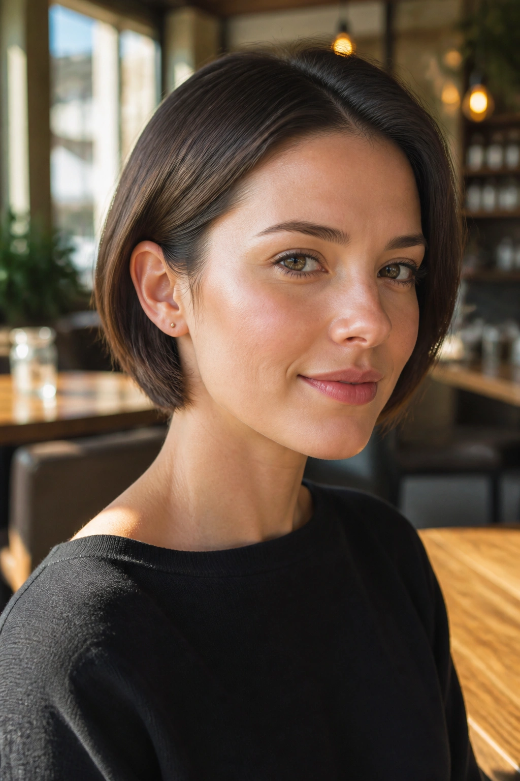 Close-up of woman with tucked bob and clean neckline in sunlit cafe