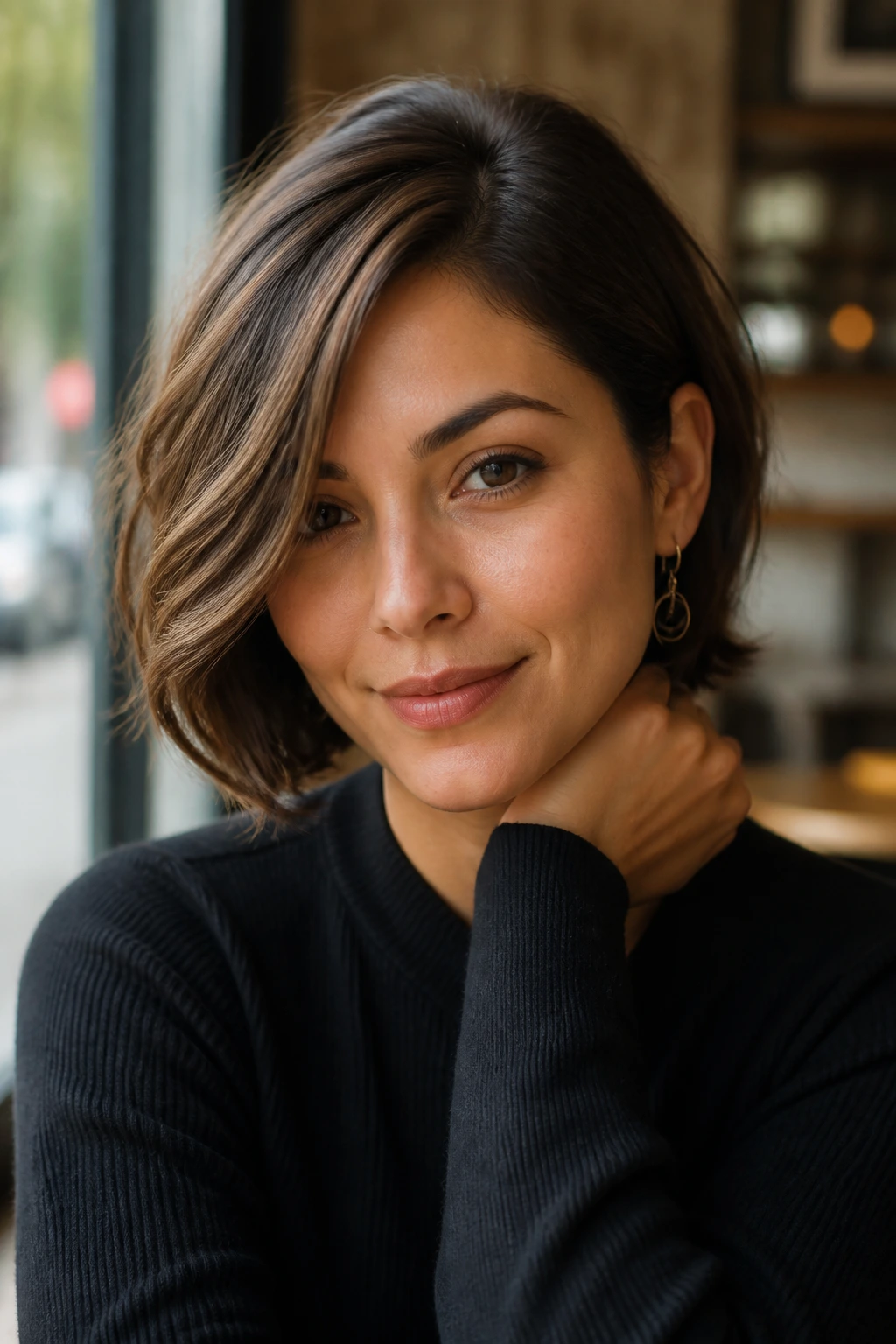 Close-up of a real woman showing a tucked bob with one-side sweep.