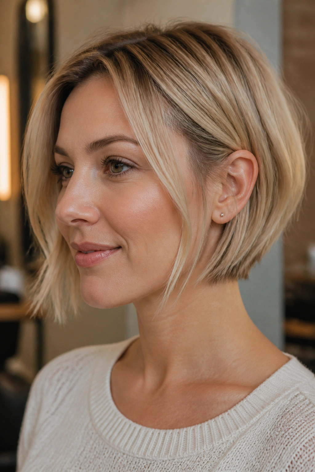 Close-up of a real woman with a tucked-behind-ear blonde bob and shorter nape.