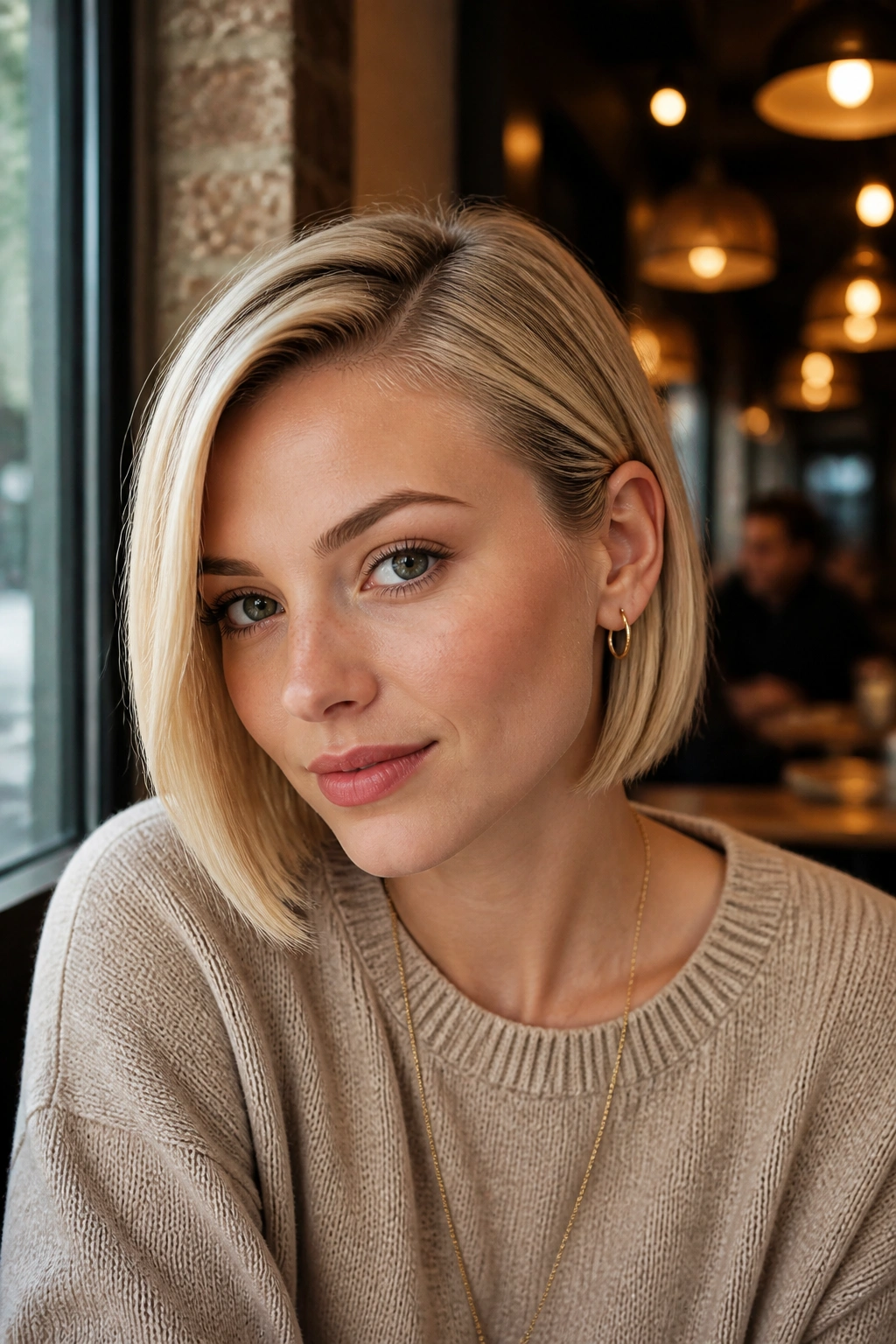 Close-up of a real woman with a tucked-behind-ear bob and side part
