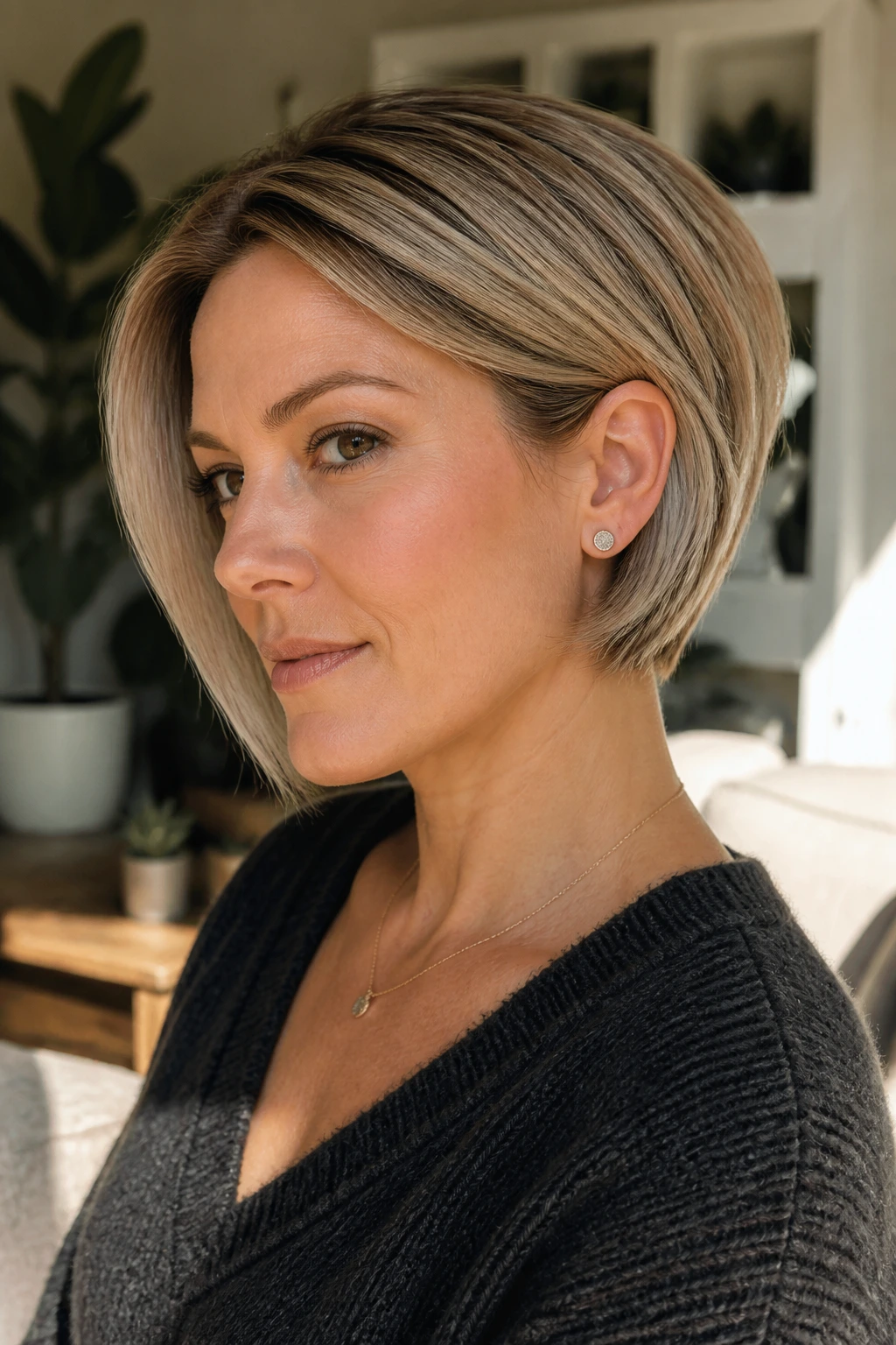 Tucked-Ear Stack hairstyle tucked behind the ear