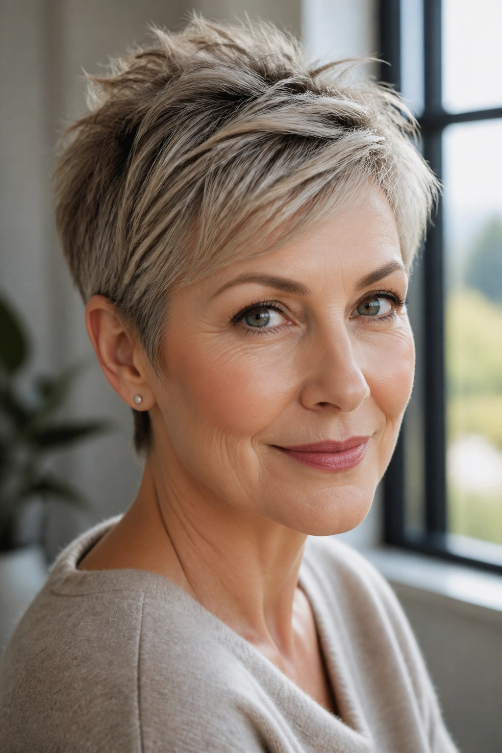 Close-up of real woman with ears tucked under feathered pixie hairstyle
