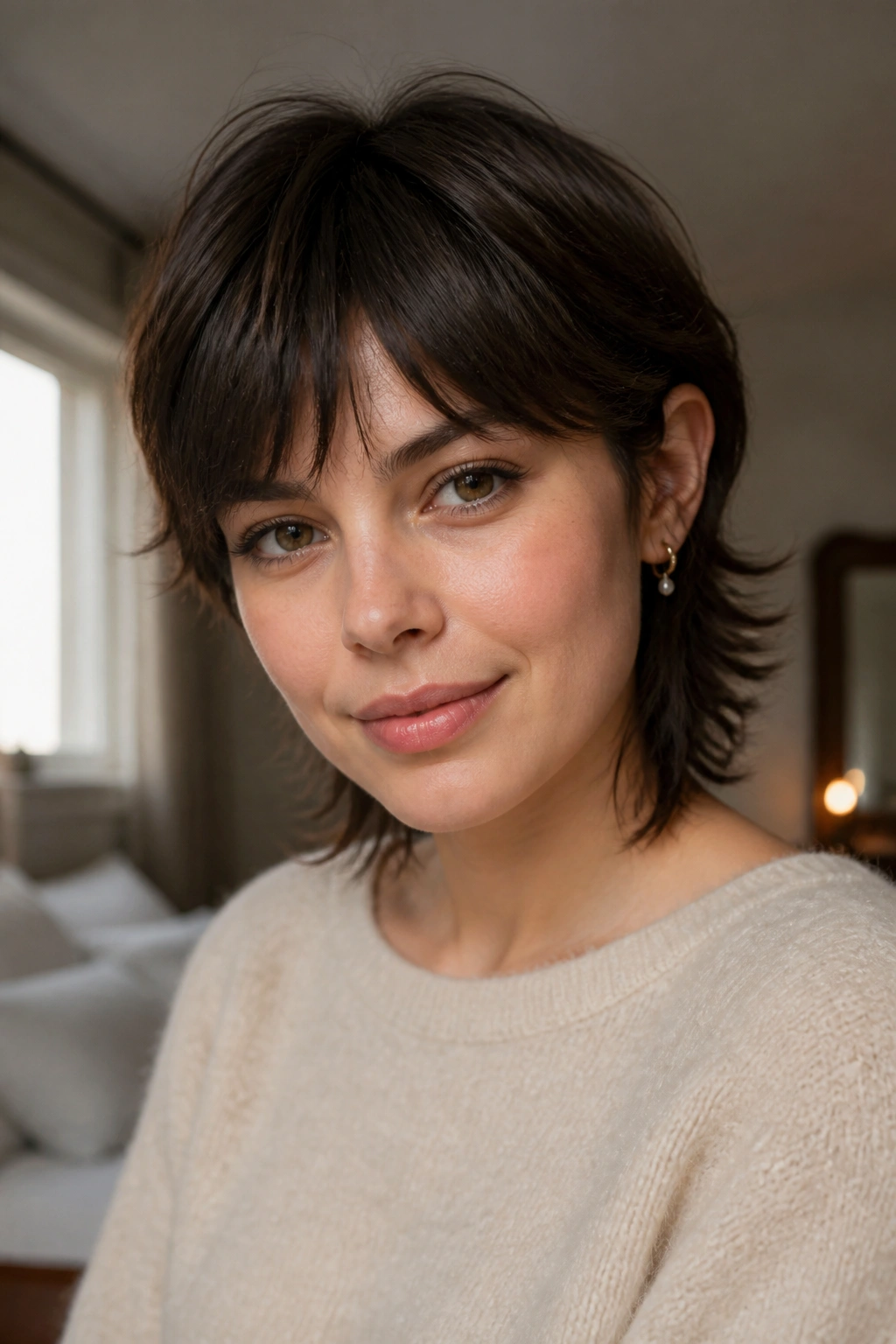Close-up portrait of a real woman with a tucked-behind-ears shag showing airy sides.