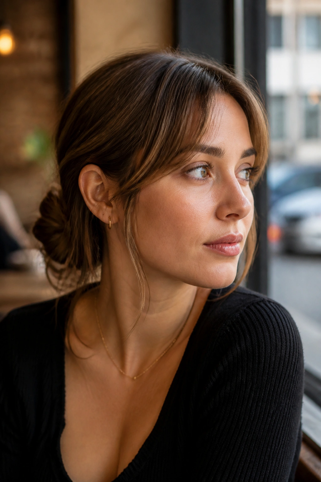 Close-up of a real woman with tucked-in bangs behind the ears
