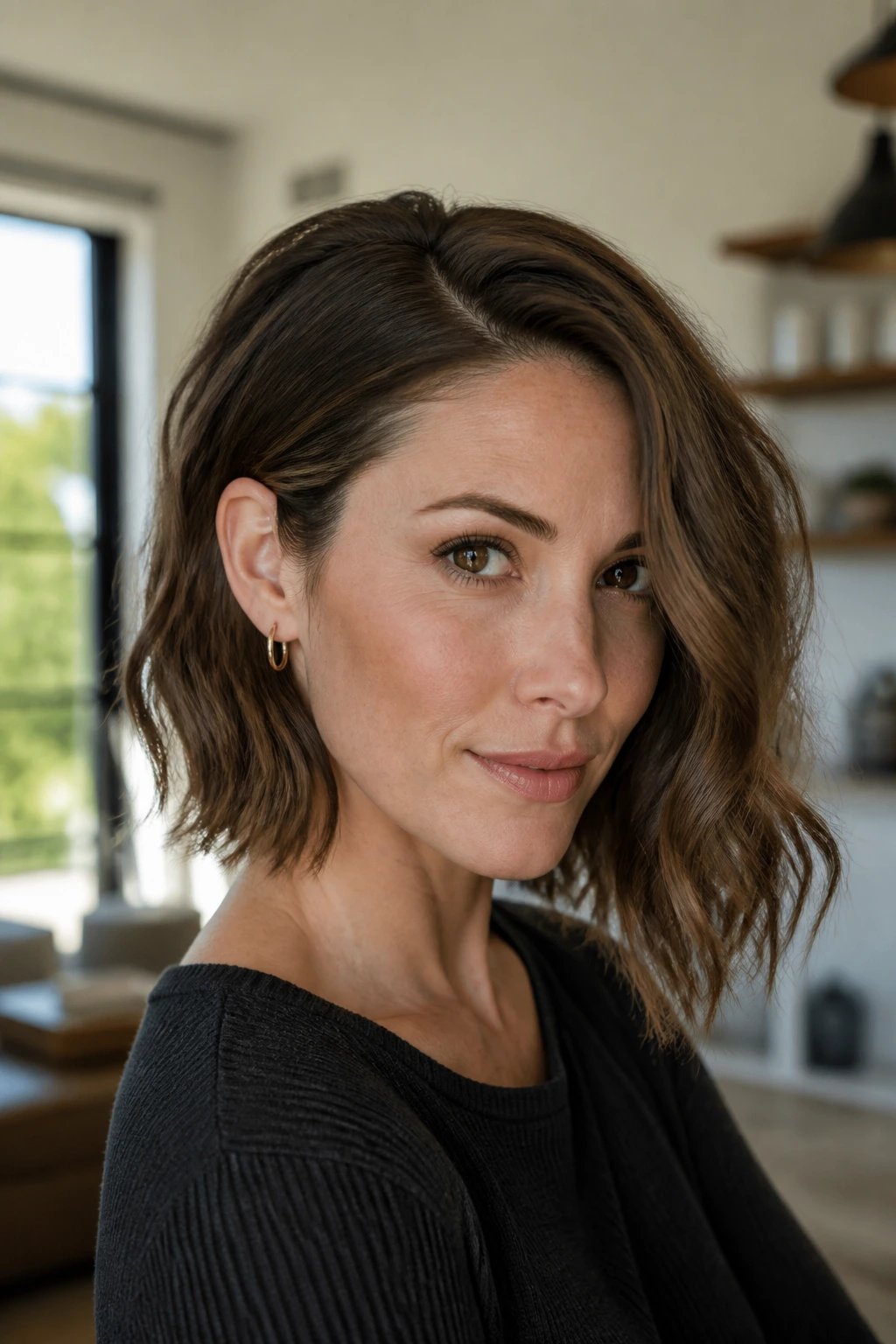 Close-up of a real woman with one-side tucked behind ear wavy lob
