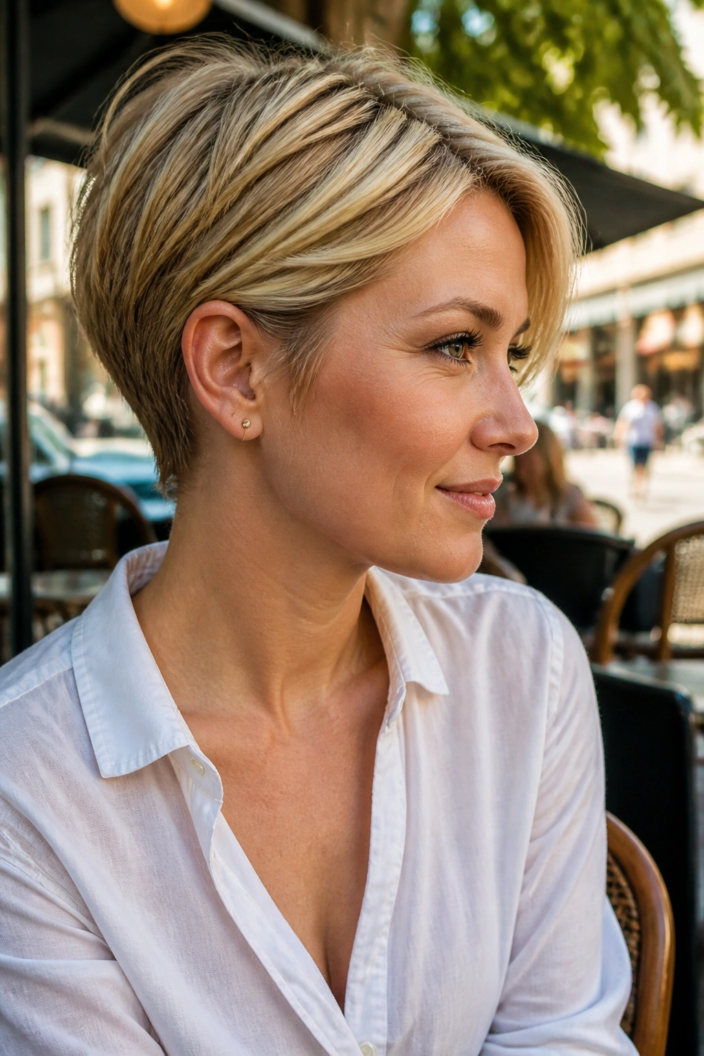 Real woman with tucked pixie showing longer front pieces behind the ear in daylight.