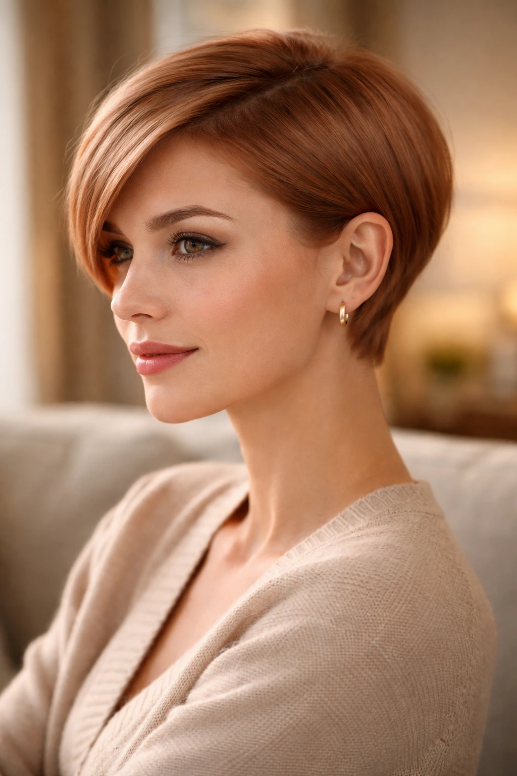 Real woman with tucked strawberry pixie behind ears in warm living room light