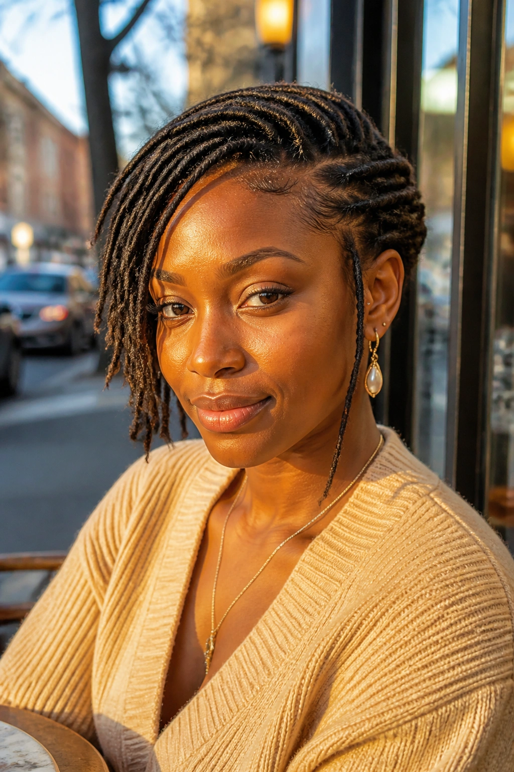 Close-up of real woman with tucked side sweep locs at cafe window in golden hour