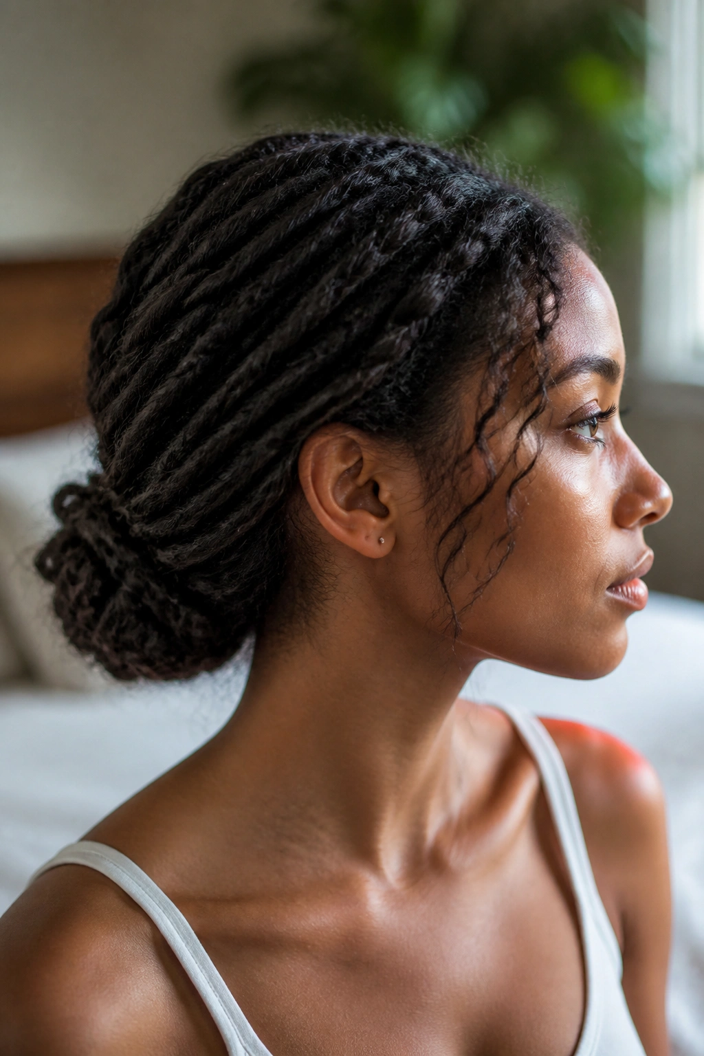 Close-up of a real woman wearing a tucked twist bun at the nape