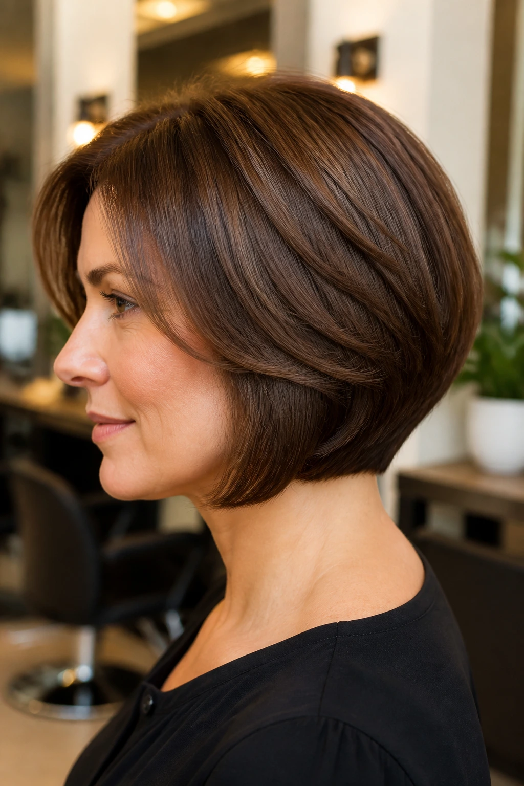 Profile of a real woman showing tucked-under blowout stack hairstyle